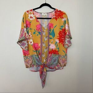 Umgee-floral Tie Front Button Down Short Sleeve (Small)
